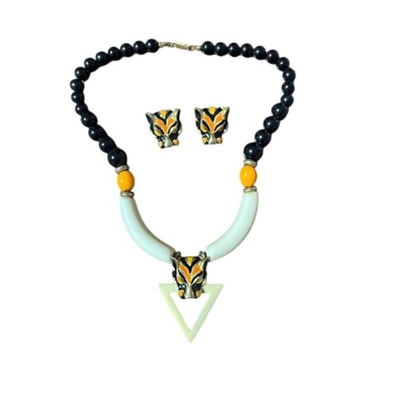 Vintage Beaded Necklace Earring Set Panther Orange Yellow White Black Bakelite? - Picture 1 of 5